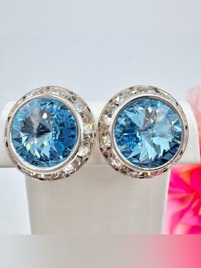 Vintage Blue Rivoli Crystal Headlight Halo Stud Earrings Sparkly Bridal Wedding